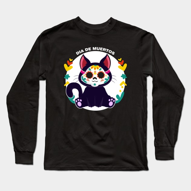 Cute Black Kitty Dia de Muertos, Day of the Dead Long Sleeve T-Shirt by Just a Cute World